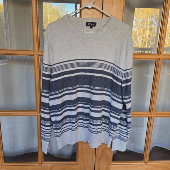 Express Women’s Sweater Gray Striped Pullover Long Sleeve Top XL 100% Cotton [B] - Picture 1 of 5